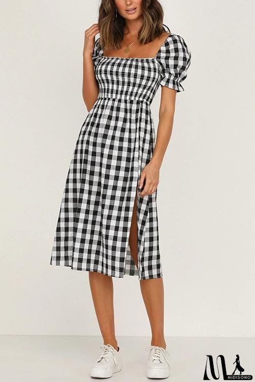 MidiSono - Plaid Square Neck Slit Dress