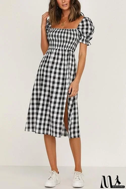 MidiSono - Plaid Square Neck Slit Dress