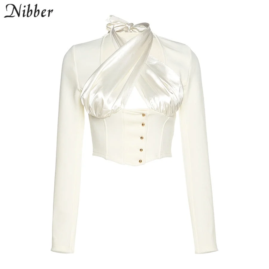 Nibber Autumn Button Decoration Office Slim Crop Top Women Hollow Backless Elegant T-shirts Fashion Party White Casual Top Shirt