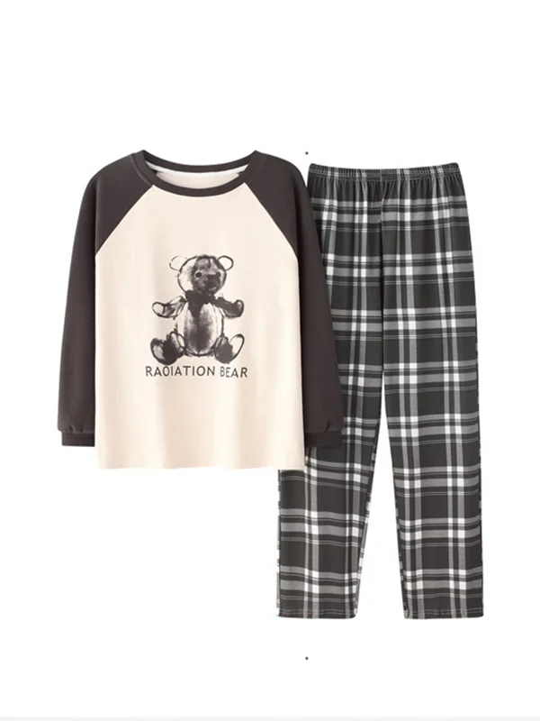 Bear Pattern Long Sleeve&Plaid Pants Couple Pajama Sets