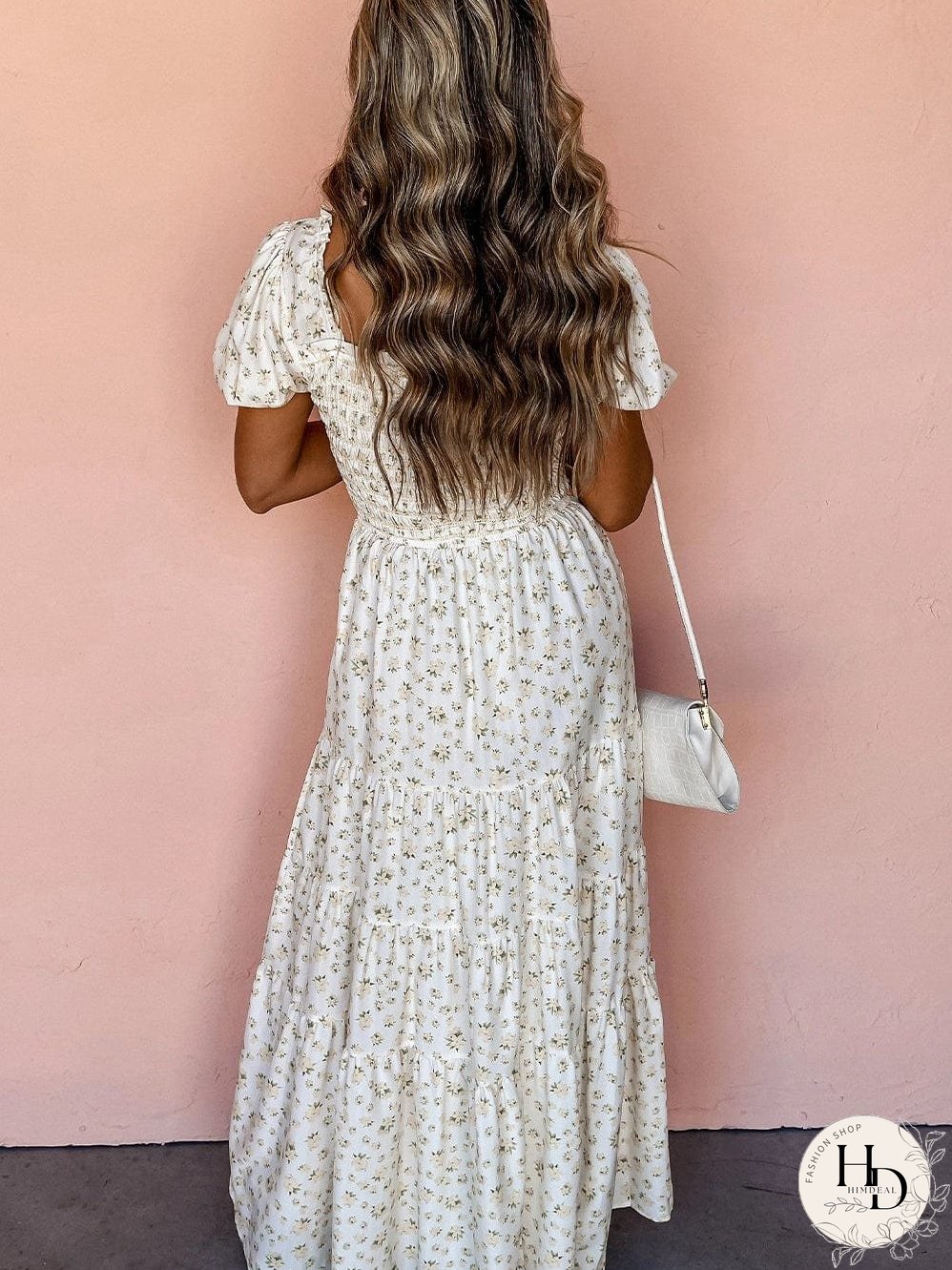 Floral Tiered White Maxi Dress with Shirred Bodice