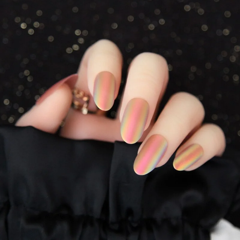 24pcs/box Wearable Finger Fake Nails press on Blue Grey Aurora Effect short size full cover Summer Patch  fake Fingernail tips-Nail Inspo