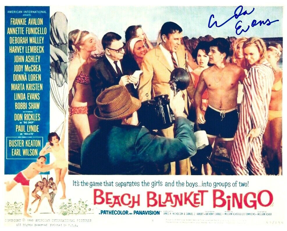 LINDA EVANS signed BEACH BLANKET BINGO 8x10 w/ coa FRANKIE & ANNETTE GROUP SHOT