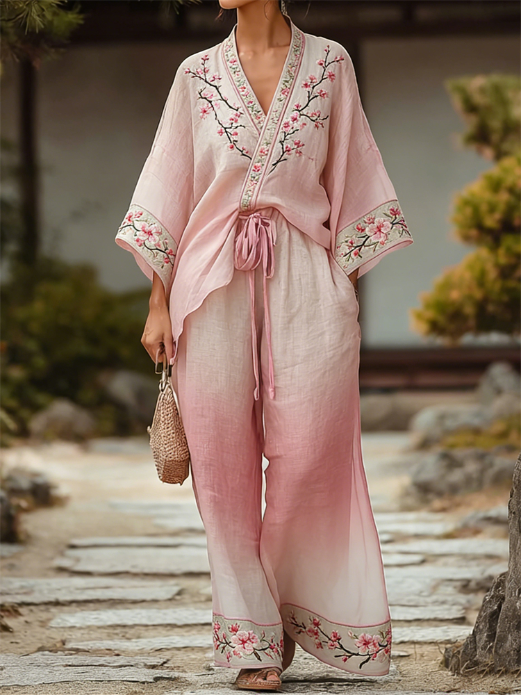 Cherry Blossom Japanese Art Gradient Kimono & Pants Linen Set wearshes