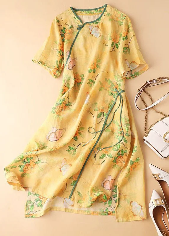 Classy Yellow Button Print Patchwork Cotton Dresses Summer