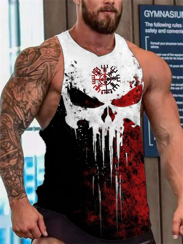 Men's Viking Vegvisir Bloody Skull Contrast Tank Top