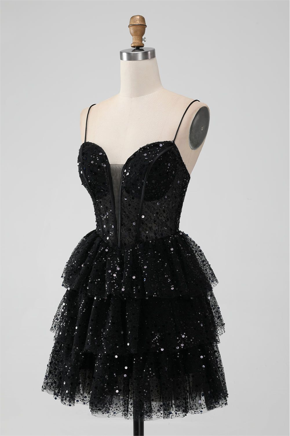 Lvs&Broner Black Sequins Spaghetti Strap Sleeveless Short Homecoming Dress With Ruffles