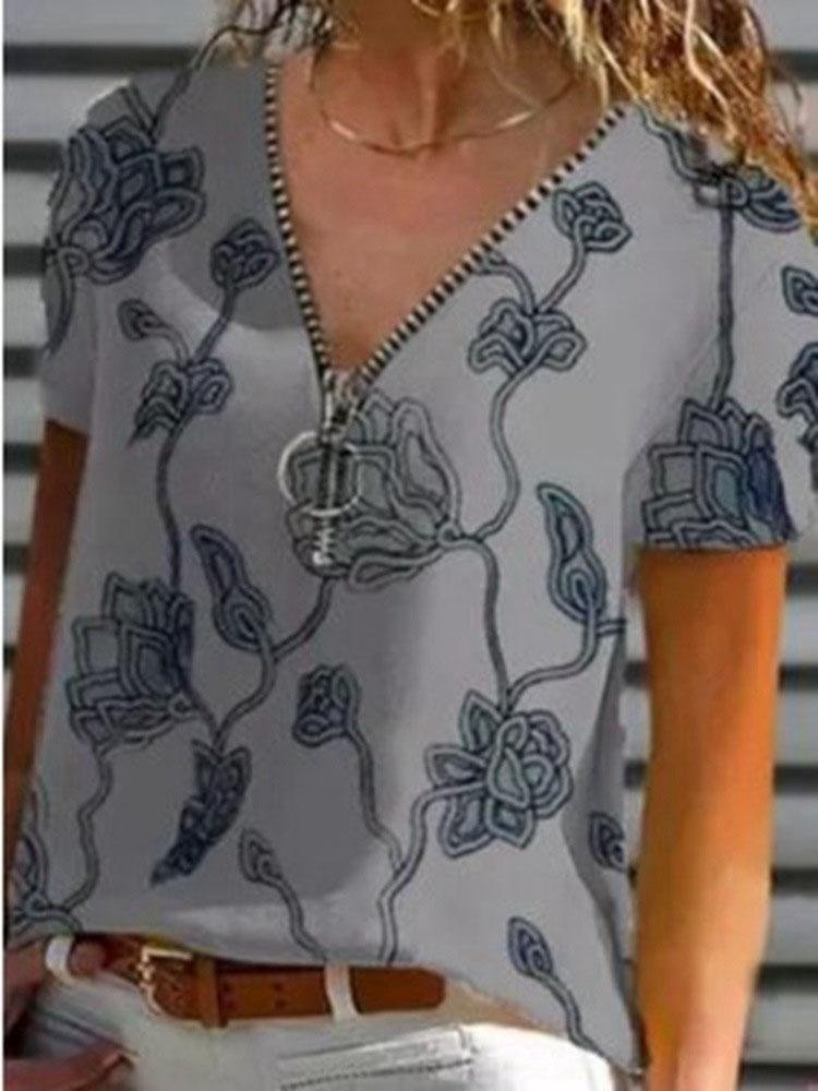 Women's Printed V-neck Zippered Casual Short-Sleeved T-shirt