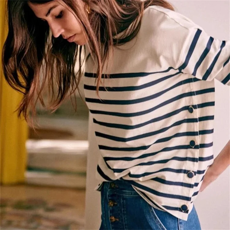 Dabasmedia Women T-Shirts Side Buttons Slit Classic Stripes O-neck Long Sleeve 2025 Early Spring Ladies Casual Tshirt