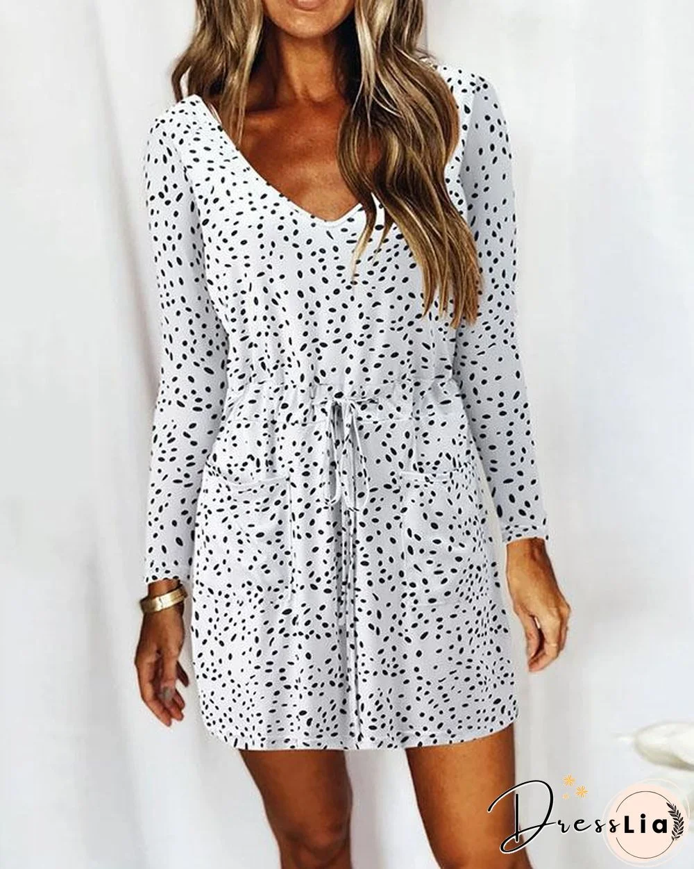 Casual V Neck Long Sleeve Print Mini Dress with Drawstring & Pockets