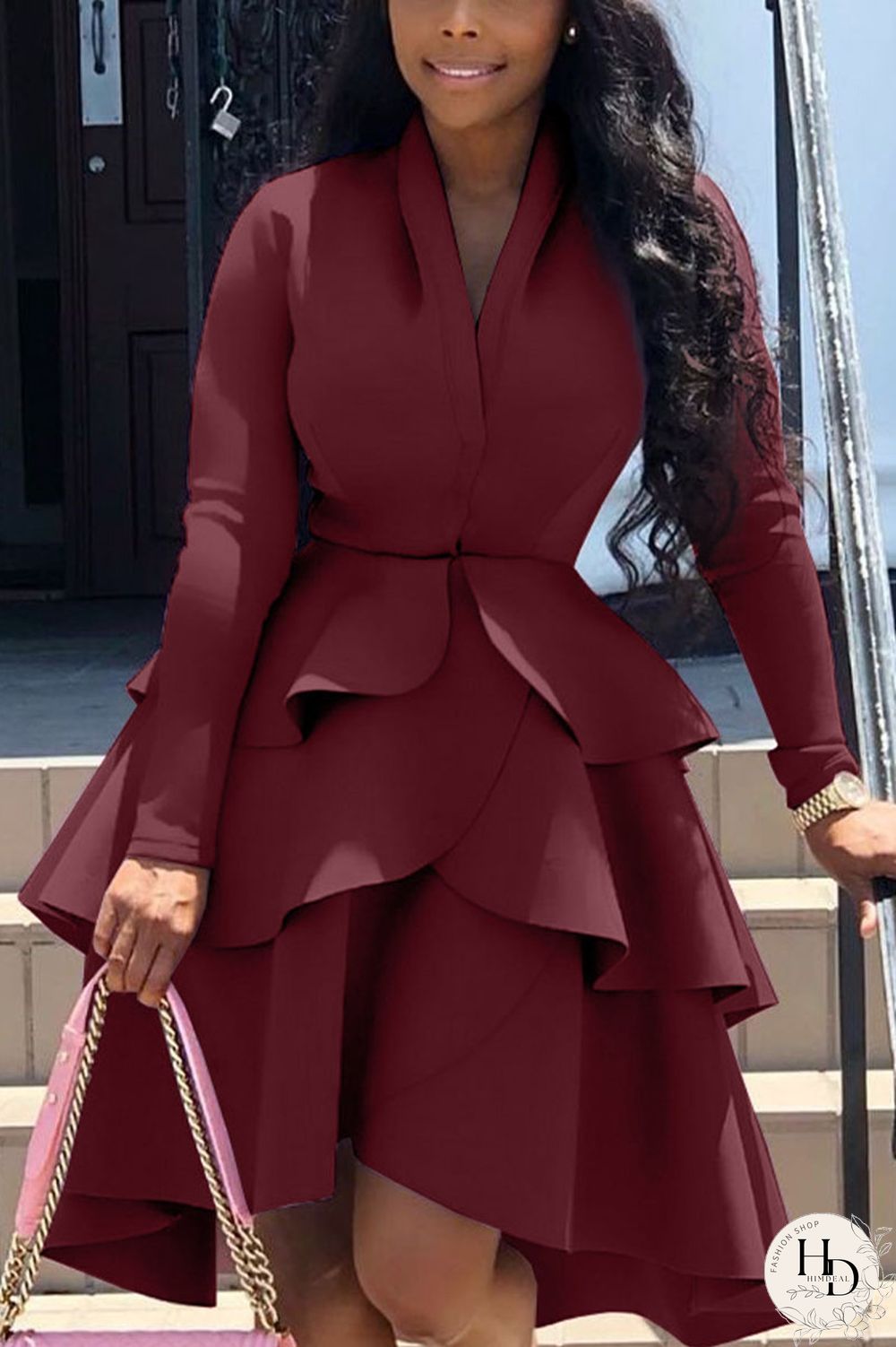 rose red Casual Solid Flounce V Neck Dresses