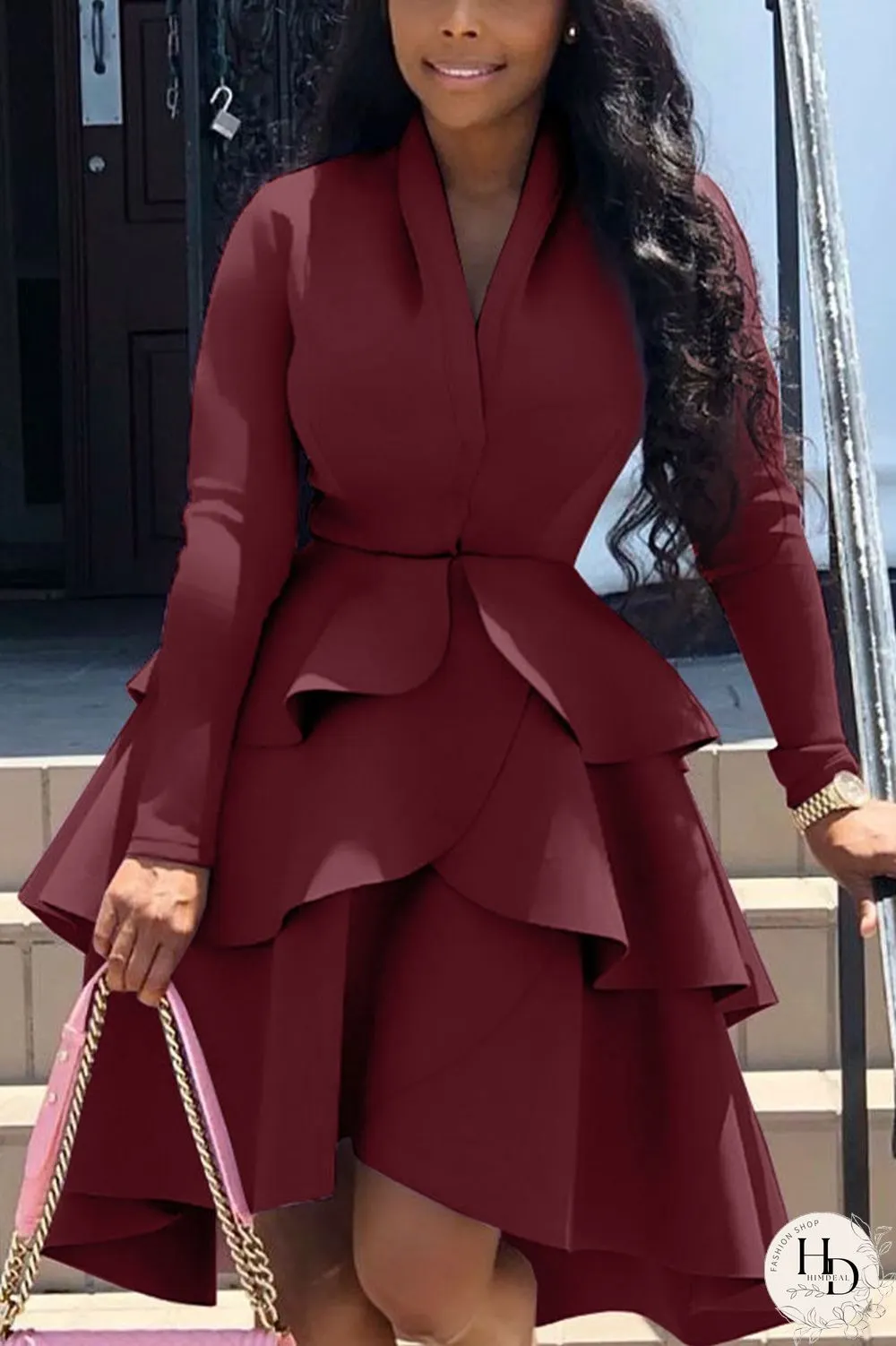 rose red Casual Solid Flounce V Neck Dresses