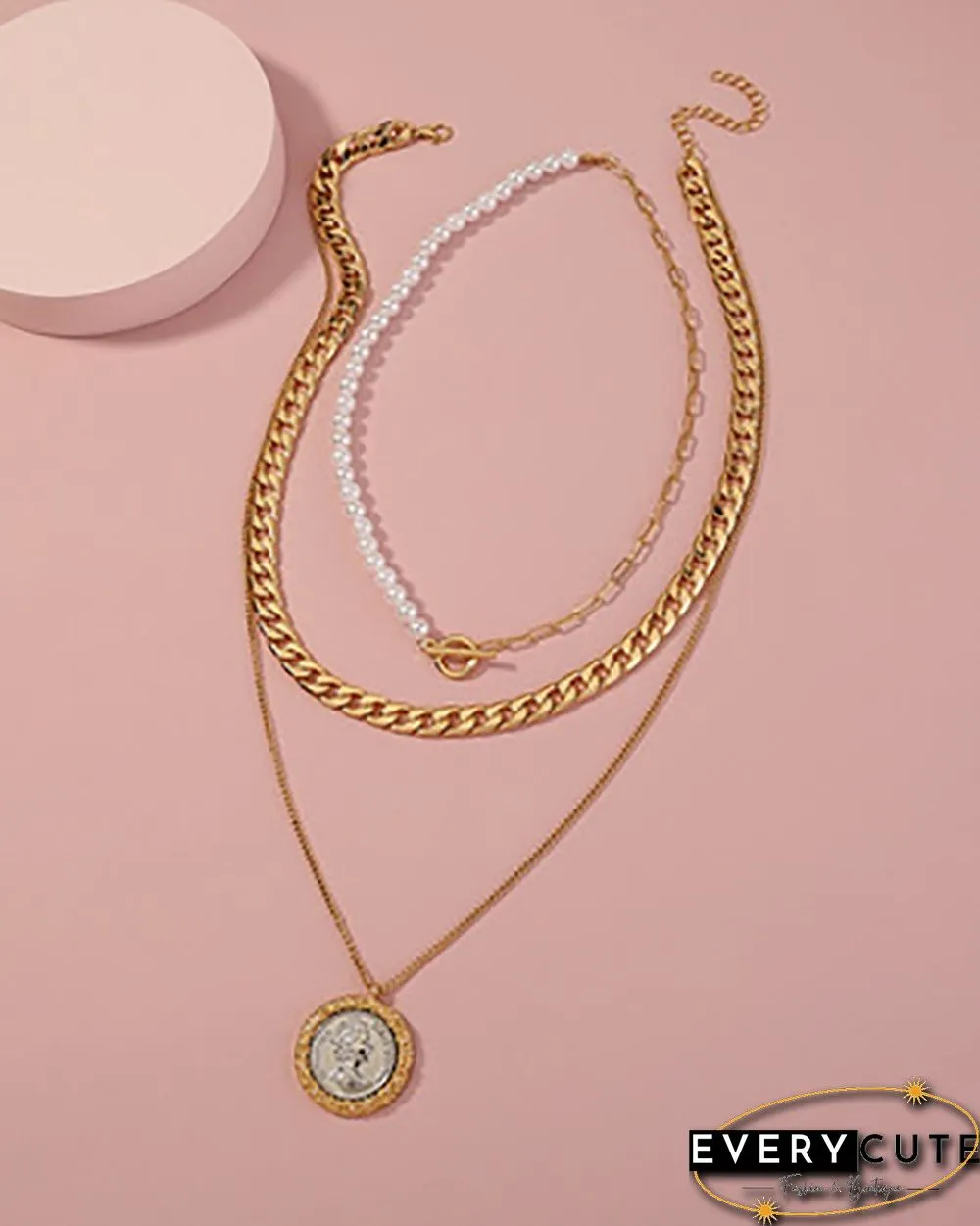 3PCS Coin Pendant Beaded Decor Chain Necklace