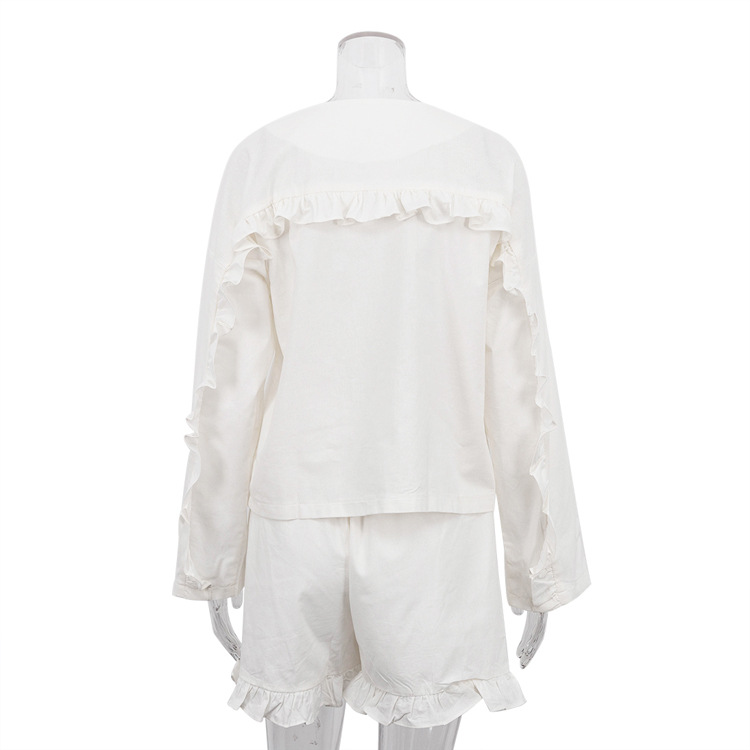 Ootddress Ruffled Casual Outfits For Women High Waist Long Sleeve Shorts Two Piece Solid Knee Length Baggy Female Nightwear Outfits