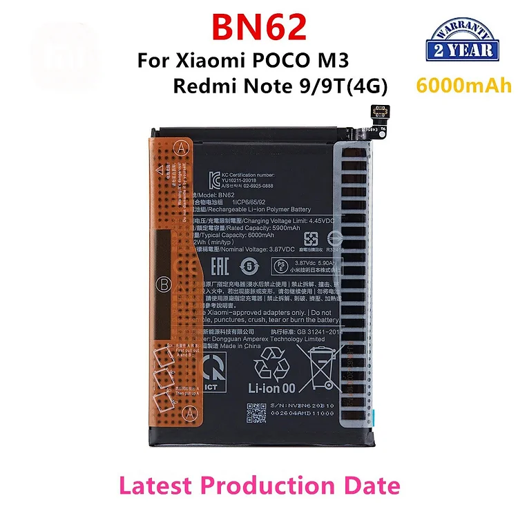 100% Orginal BN62 6000mAh Battery For Xiaomi  POCO M3 Redmi Note 9 4G  Redmi  9T 4G  Phone Replacement Batteries