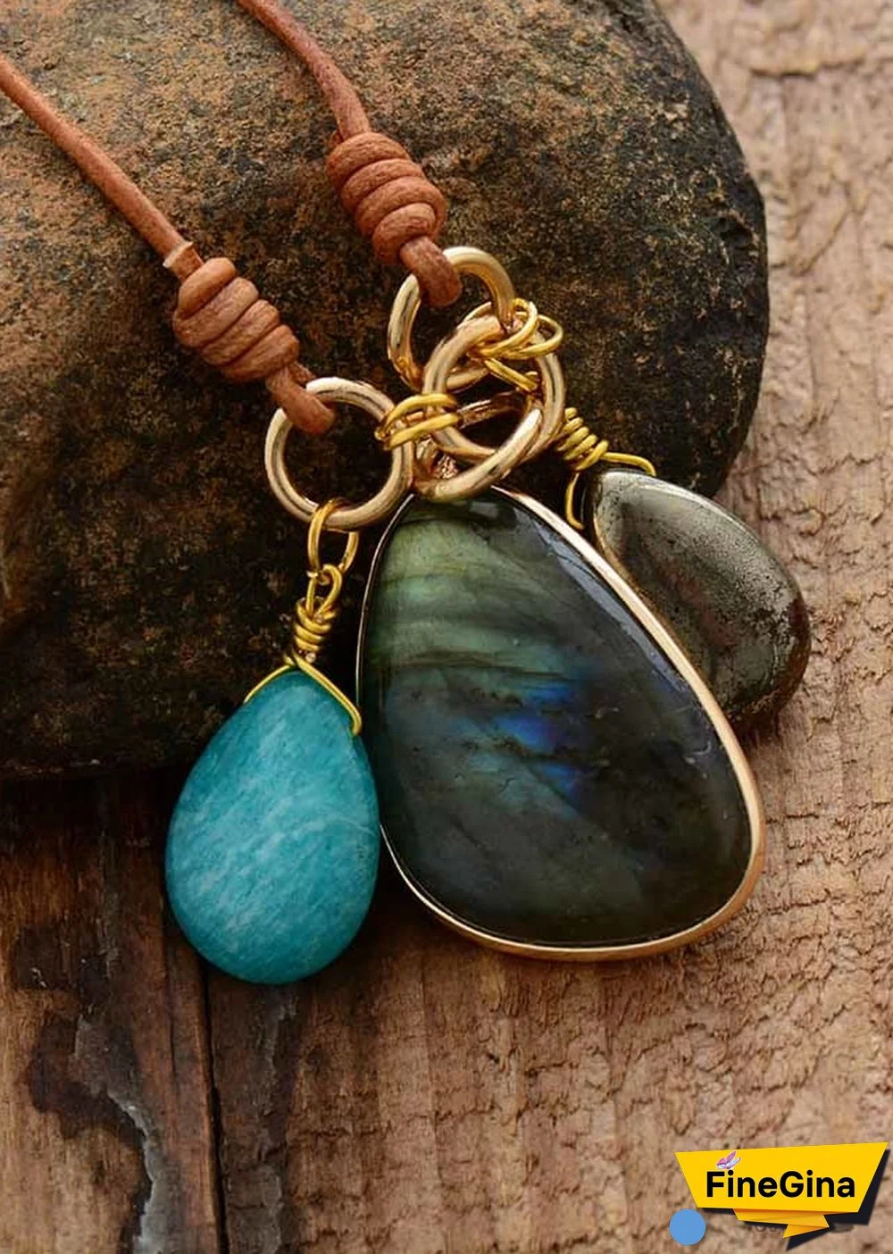 Boho Necklace, Labradorite Amazonite Leather Pendant Necklace