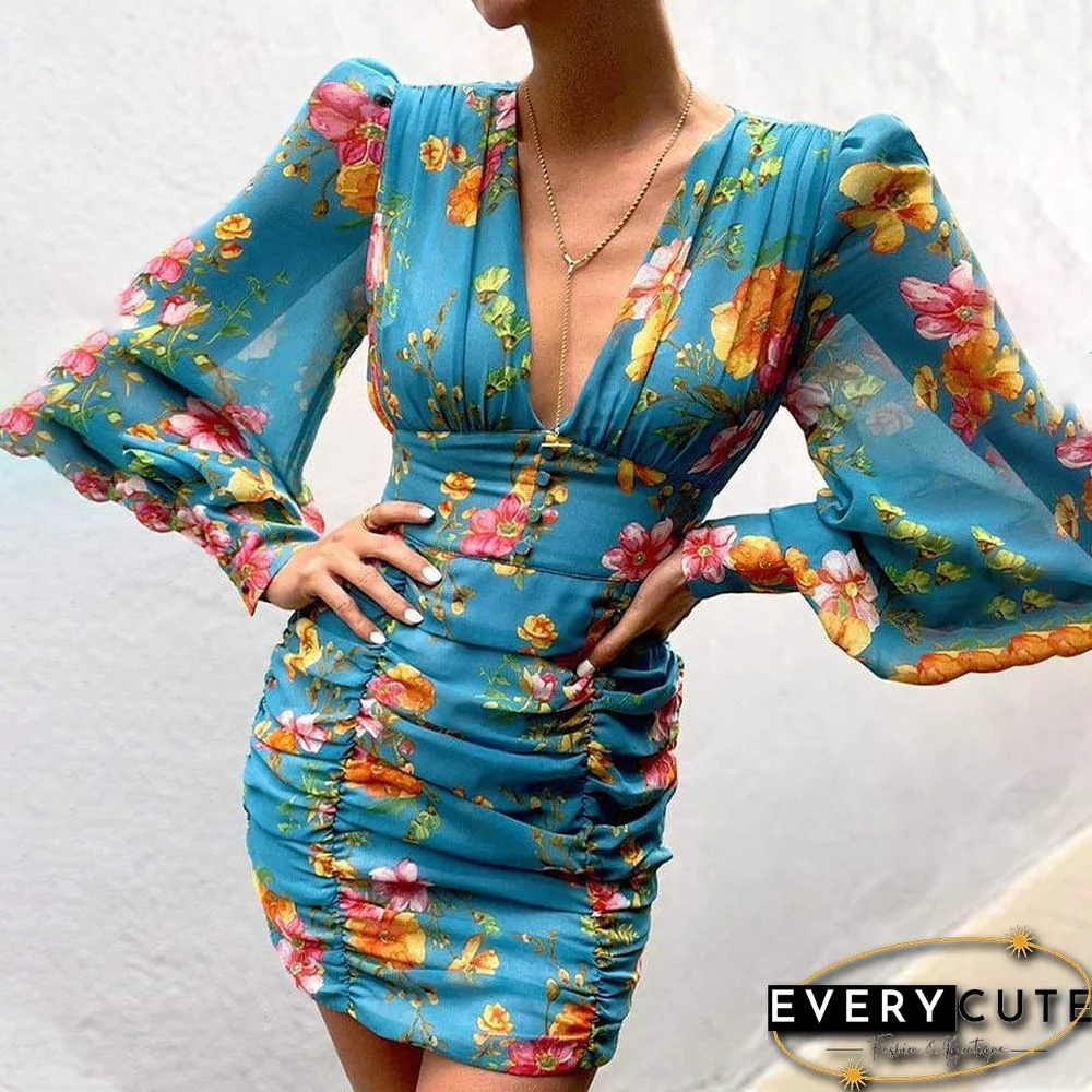 Women Sexy Deep V Neck Floral Print Long Lantern Sleeve Ruched Dress Summer Elegant Female Bodycon Party Dress Vestido