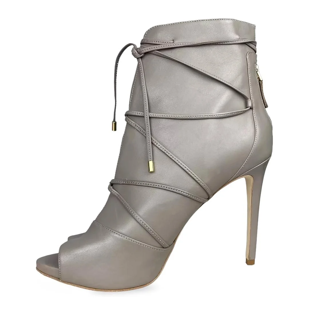 Gray Peep Toe Vegan Leather Back-Zip Stiletto Heel Ankle Boots