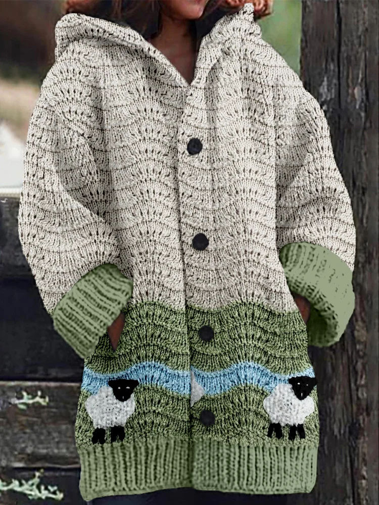 VChics Vintage Sheep Crochet Art Pattern Comfy Cardigan