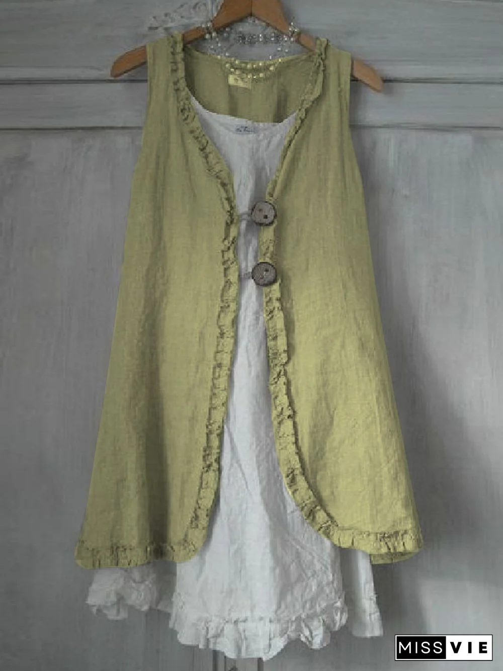 Buttoned Ruffled Sleeveless Linen Solid Shirts & Tops Linen