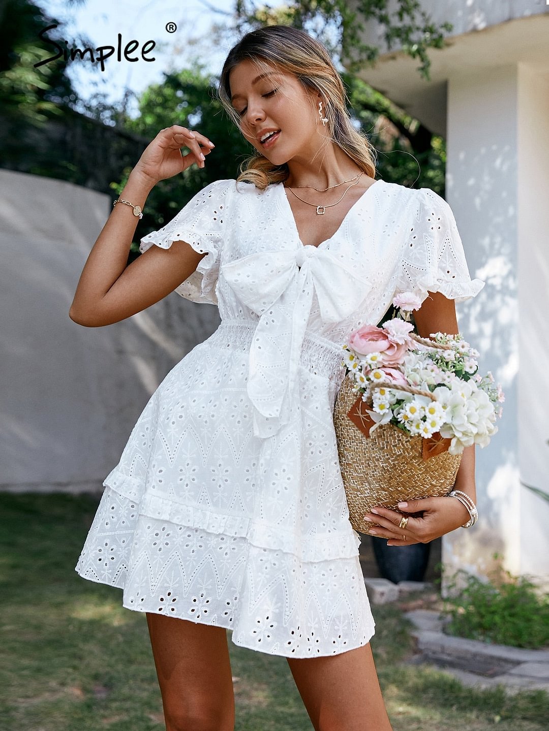 Simplee Cotton hollow out puff short sleeve women summer dress Holiday white bow beach mini sundress  A-line 2022 mujer vestidos