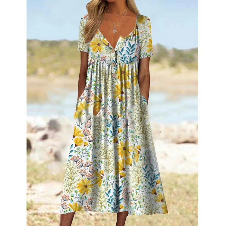 Casual Floral Print V-Neck Short Sleeve Midi Dress