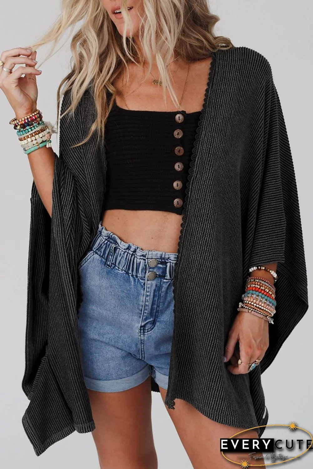 Black Lace Trim Ribbed Oversize Kimono