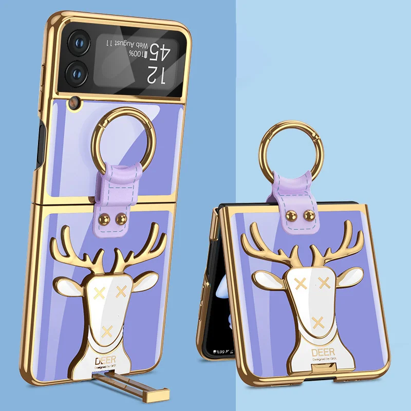 Luxury Electroplated Christmas Elk Phone Case With Screen Protector,Finger Ring And Kickstand For Galaxy Z Flip3/Flip4