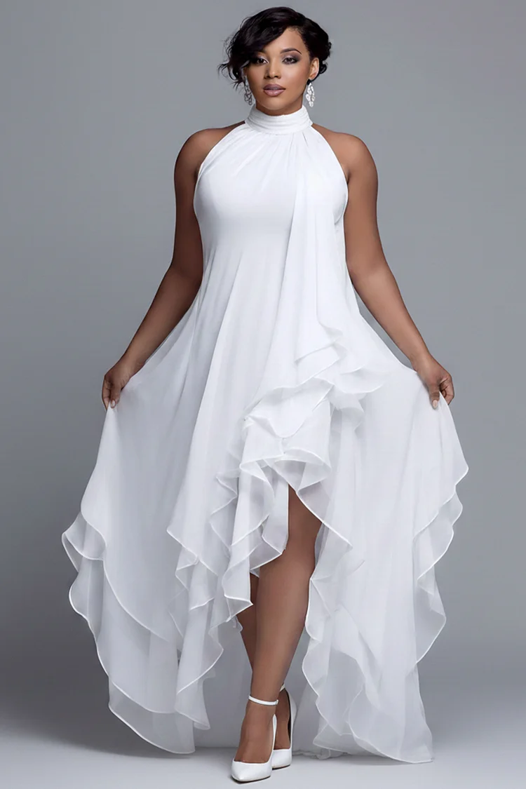 Xpluswear Design Plus Size Wedding White Halter Collar Ruffle Asymmetric Hem Chiffon Maxi Dresses 2024 - Xpluswear