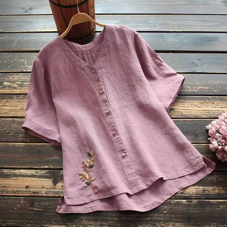Women's Vintage Round Neck Casual Floral Embroidery Loose Mid Sleeve Blouse Shirt Top