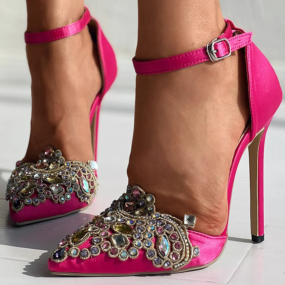 Fuchsia Satin Pointed Stiletto Heels Colorful Rhinestone Ankle Strap Pumps Nicepairs