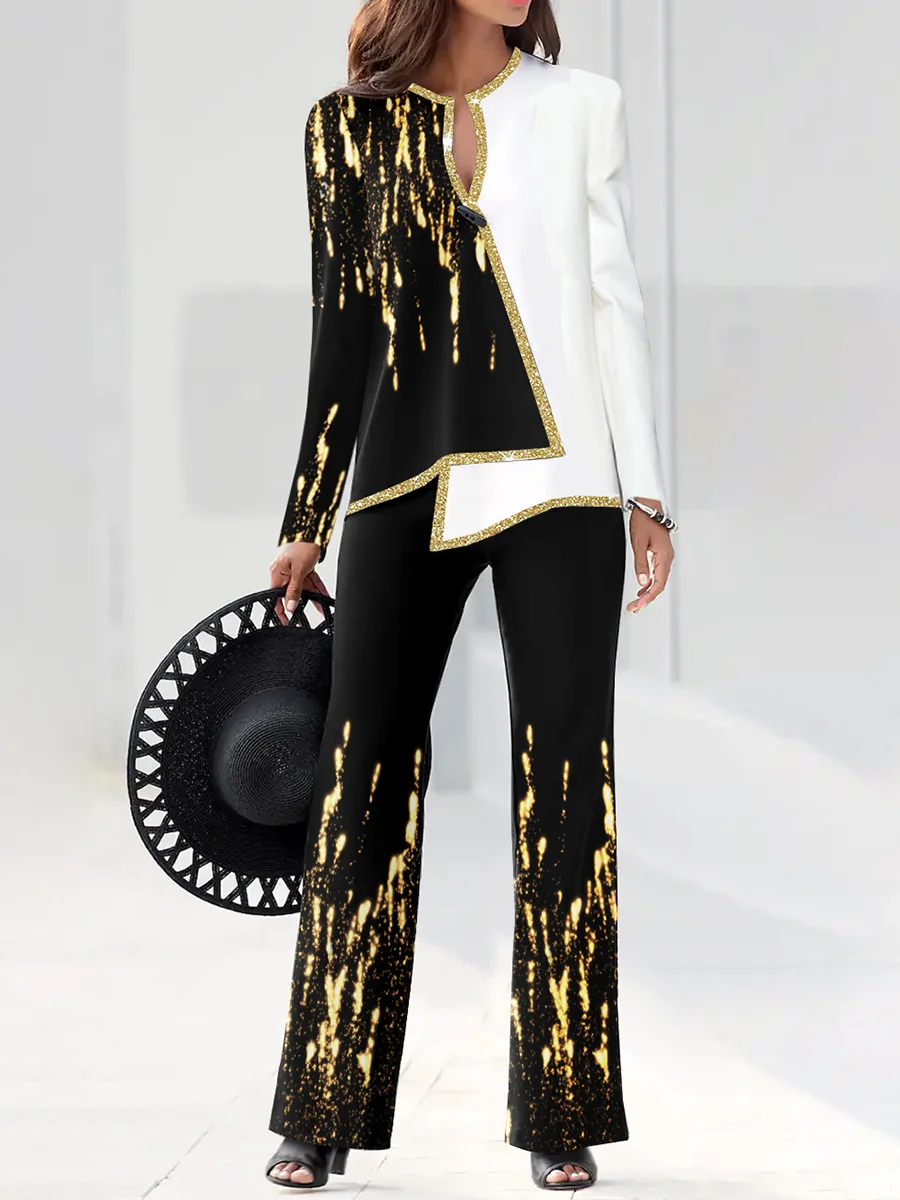 Ladies Fashion Meteor Hot Gold Block Stitching Straight Suit