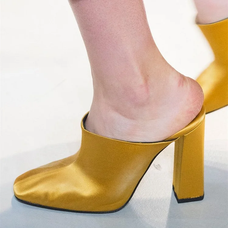 Gold Satin Square Toe Chunky Heels Mules Shoes |FSJ Shoes