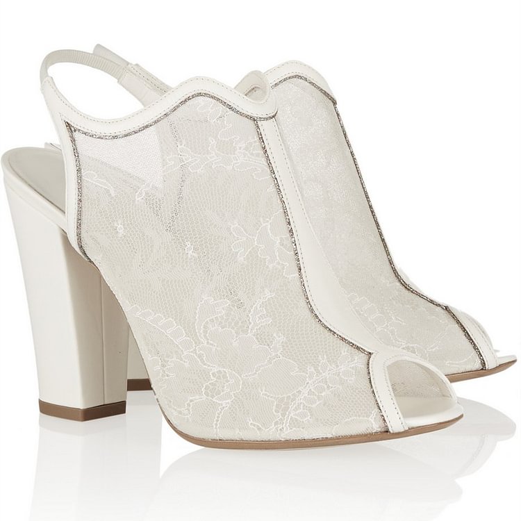 Women's Bridal Shoes White Lace Floral Peep Toe Chunky Heels |FSJ Shoes