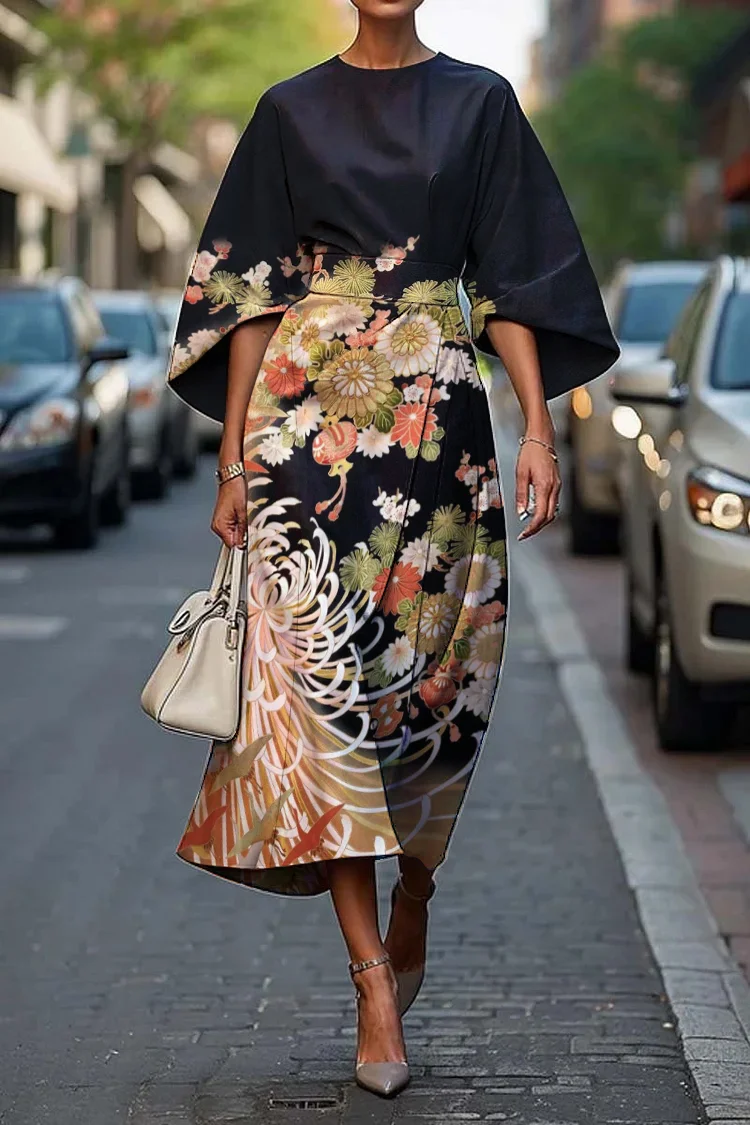 Women's Elegant Japanese Art Print Midi Dress