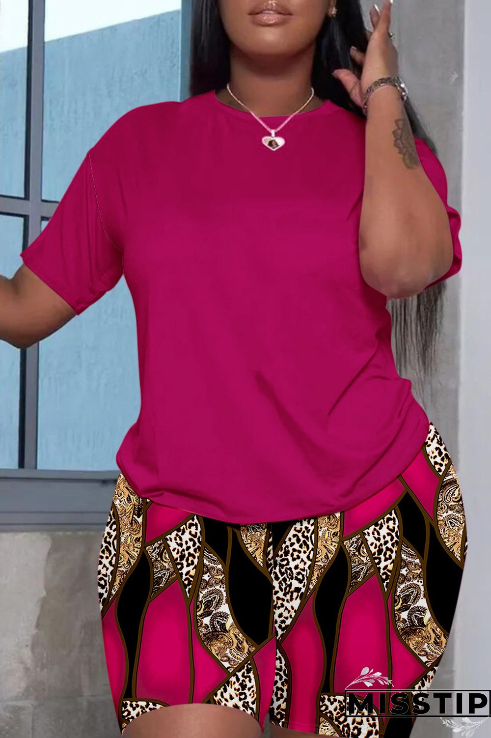 Deep Red Casual Print Basic O Neck Short Sleeve Two Pieces