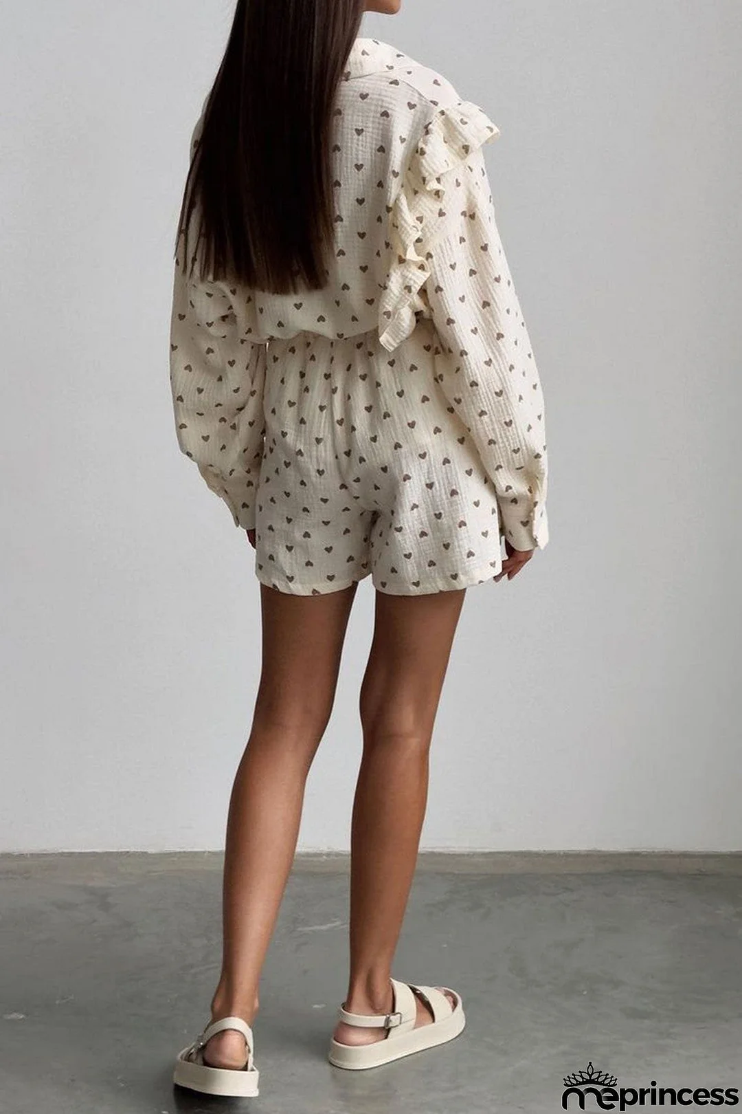 Heart Print Ruffle Long Sleeve Shirt Two Piece Shorts Set