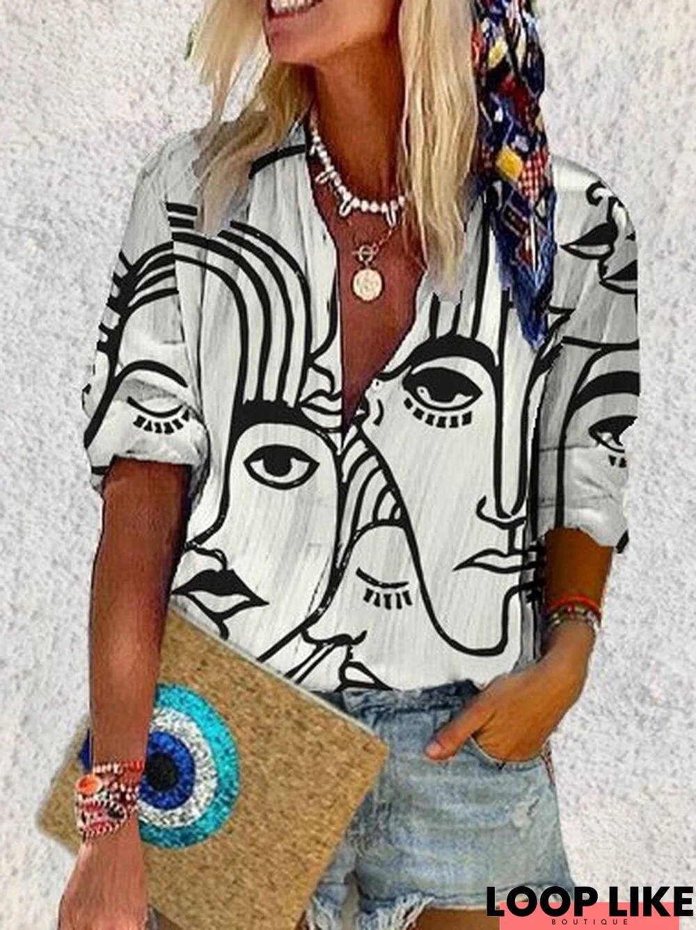 Abstract Long Sleeve Shift Casual Blouse