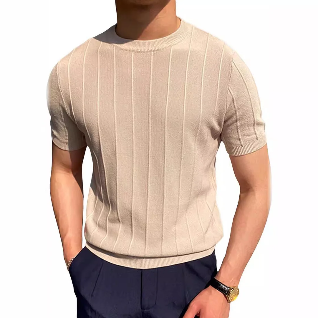 Wongn Wongn Summer New Men's Round Collar Solid Color Long-Sleeved Knit Jacket Hollow Out Breathable Cool Short-Sleeved T-Shirt