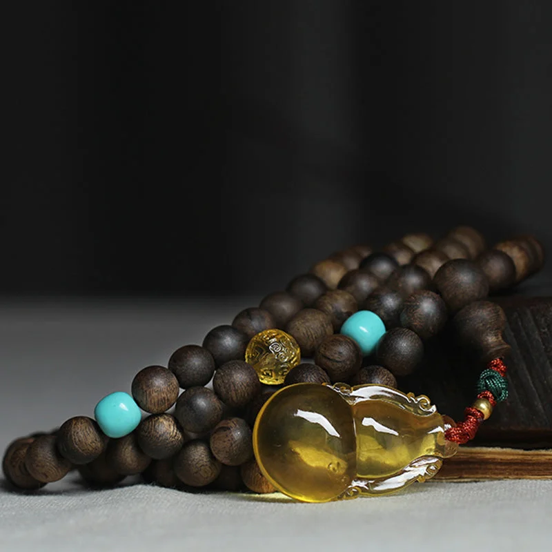 999 Gold 108 Mala Beads Nha Trang Agarwood Amber Turquoise Prayer Meditation Bracelet