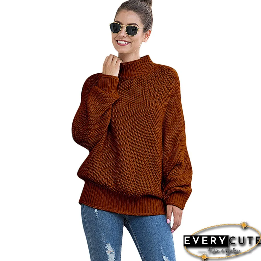 Brown Turtleneck Knit Bat Sleeve Sweater