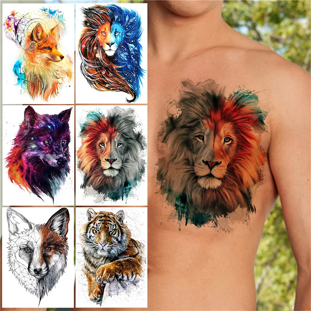 Watercolor Lion Temporary Tattoos For Men Women Adult Kids Wolf Tiger Tattoo Sticker Realistic Fake Animal Water Transfer Tatoos