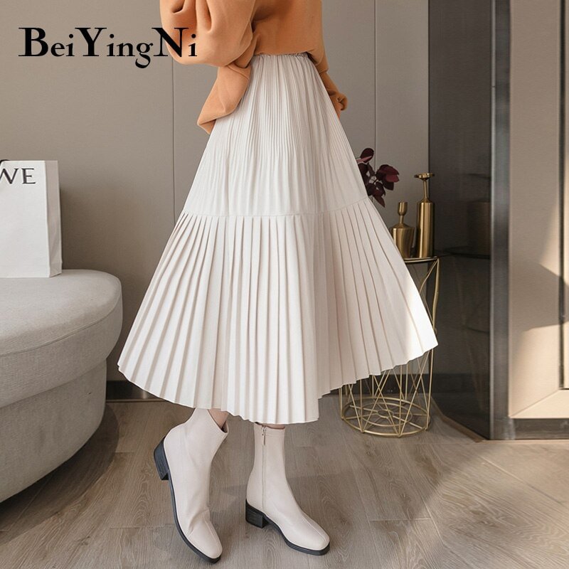 Beiyingni Vintage Pleated Midi Skirt for Woman 2019 Casual Elastic High Waist Solid Skirts Womens Harajuku Office Skirt Ladies