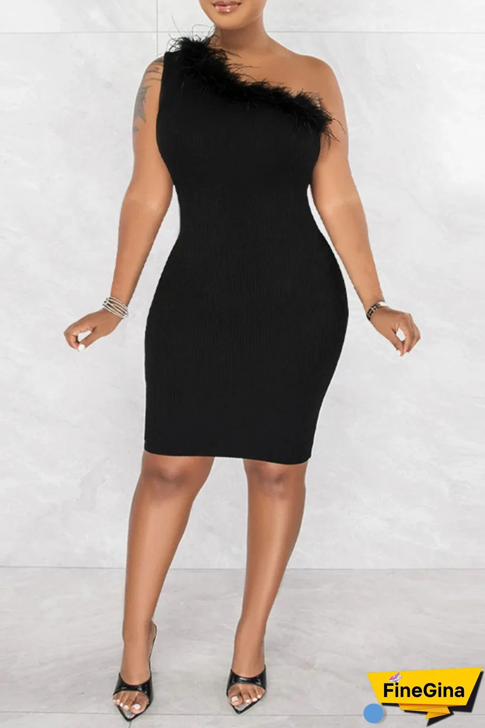 Black Sexy Solid Patchwork Feathers Oblique Collar One Step Skirt Dresses