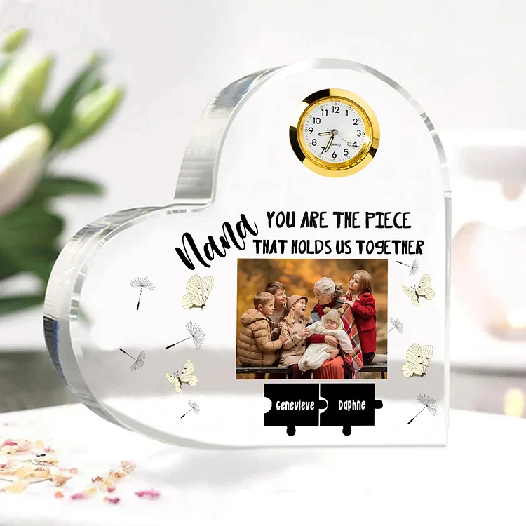 Personalized Heart Acrylic Clock Keepsake Engraved 2 Names Heart Photo Ornament Grandparents' Day Gift for Nana Grandma Mom