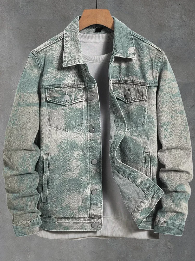 Light Green Tree Retro Art Print Casual Denim Jacket