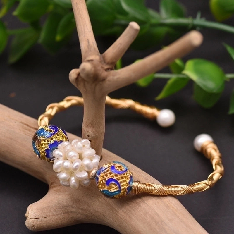 Retro Flower Copper Plating Inlay 18K Gold Plated Pearl Bangle