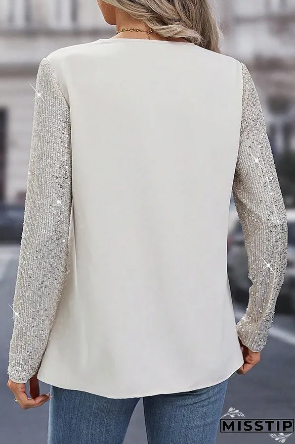 White Sequins Sleeves Patchwork V Neck Blouse