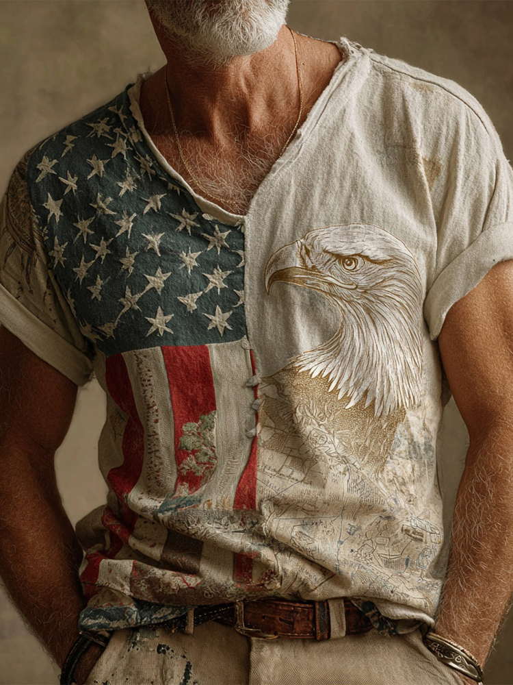  Men's Retro Independence Day Eagle Inspired Patchwork Art T Shirt Westsshops