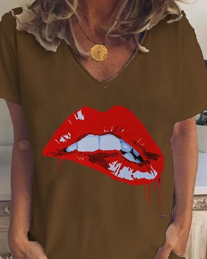 Lip Print V-neck Short Sleeve Casual T-shirt P13288